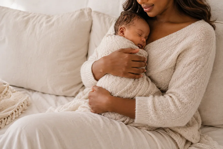 A mother wrapped in a soft cream sweater cradles her swaddled, sleeping newborn against her chest.
